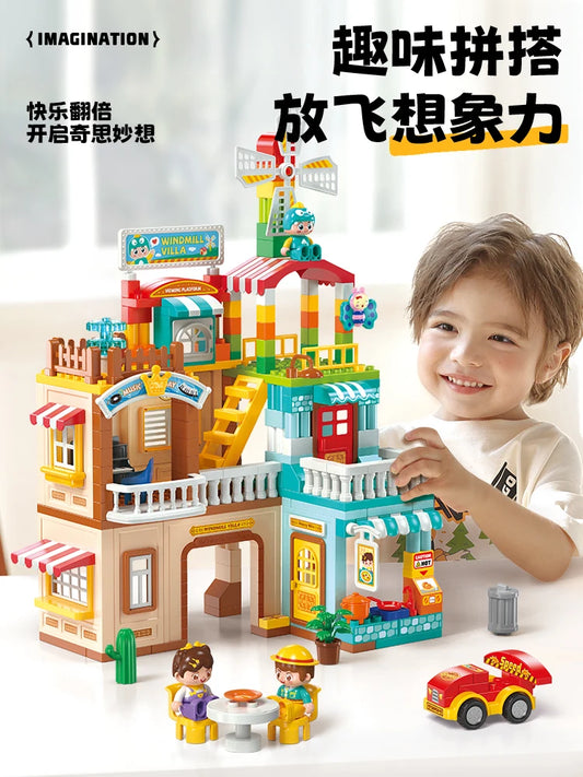 Large Building Blocks Educational Toy: City Windmill Villa Amusement Park Construction Set for Kids Boys Girls Gift