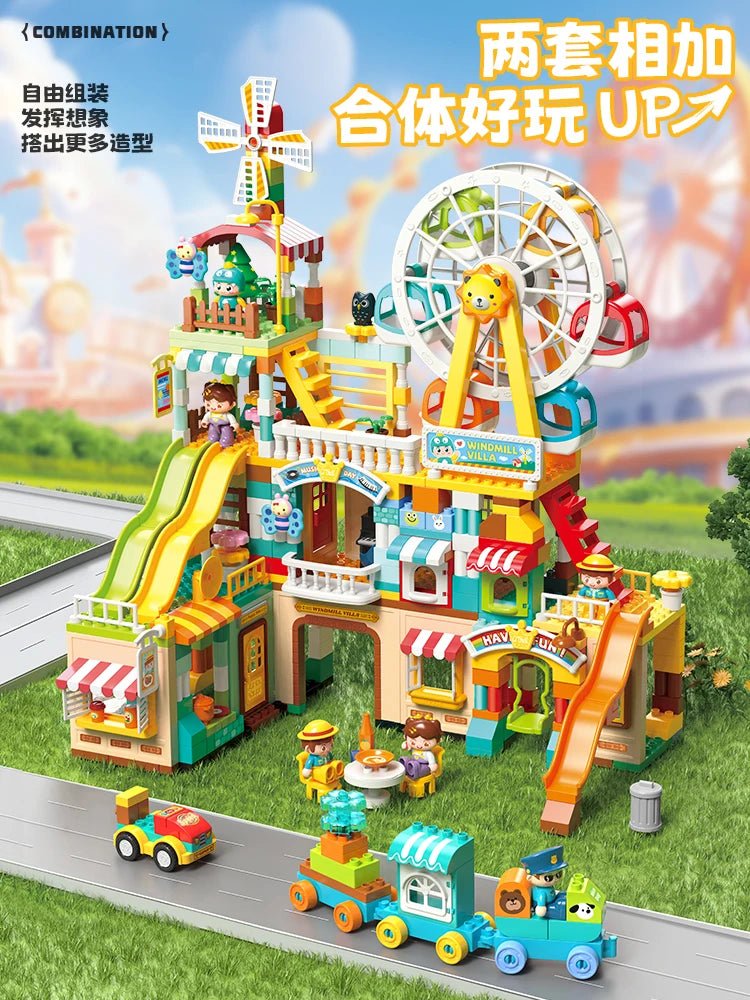 Large Building Blocks Educational Toy: City Windmill Villa Amusement Park Construction Set for Kids Boys Girls Gift