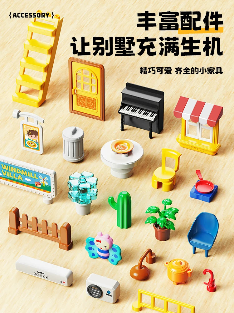 Large Building Blocks Educational Toy: City Windmill Villa Amusement Park Construction Set for Kids Boys Girls Gift
