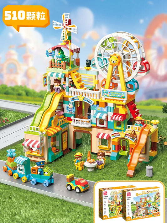 Large Building Blocks Educational Toy: City Windmill Villa Amusement Park Construction Set for Kids Boys Girls Gift